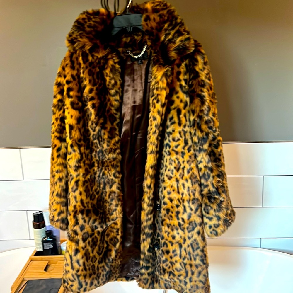 J crew animal print faux fur coat like new
